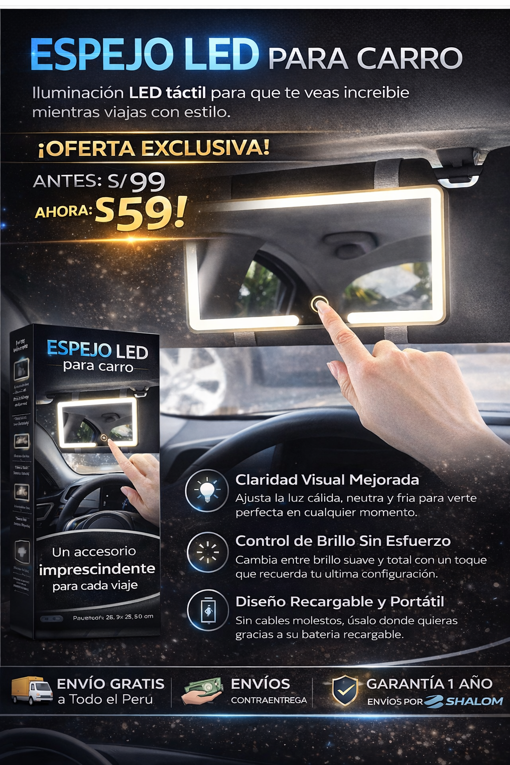 Espejo LED Táctil para Carro con 3 Modos de Luz Recargable